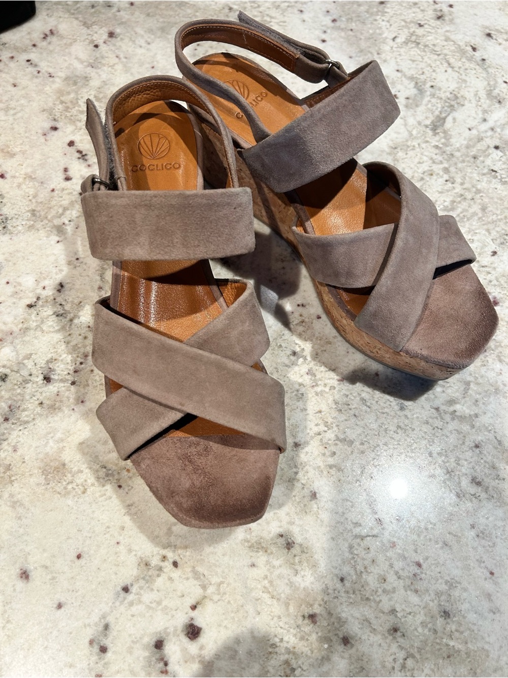 COCLICO Taupe Suede Crisscross Wedge Sandals